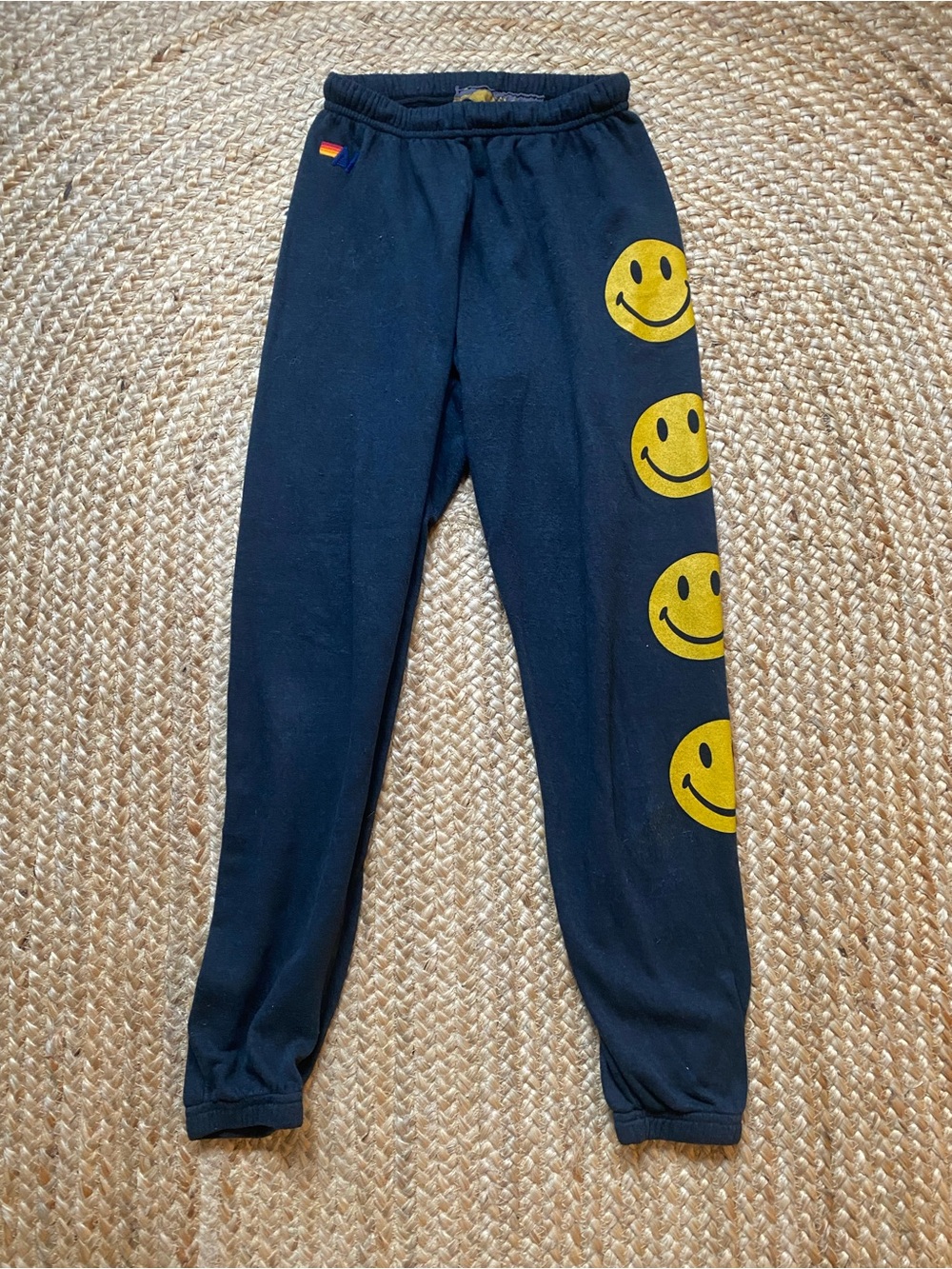 Aviator Nation Black Sweatpants with Yellow Smiley Faces